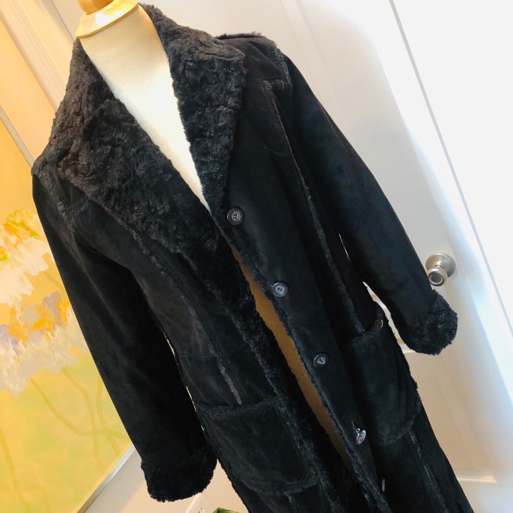 Full Length Genuine Black Leather Suede Coat